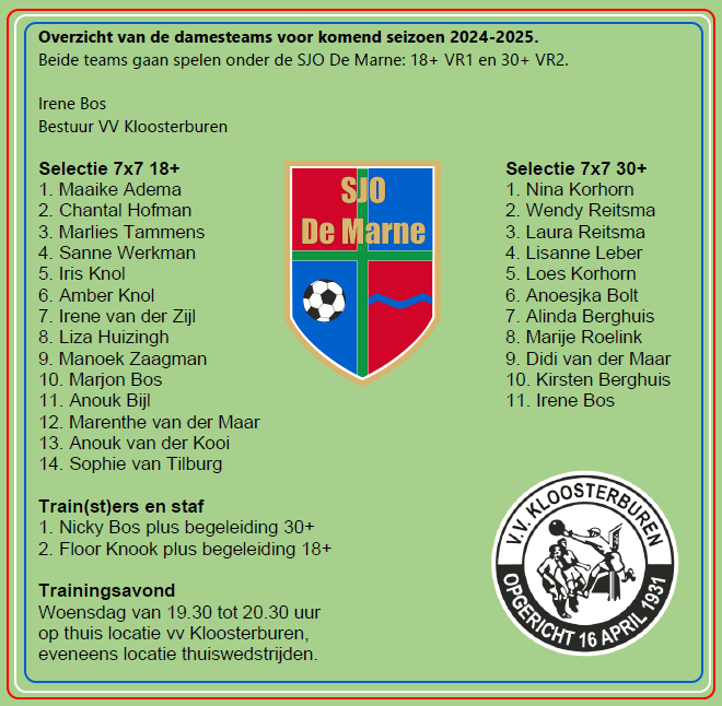 Teamindeling SJO De Marne 18+VR1 en 30+VR2