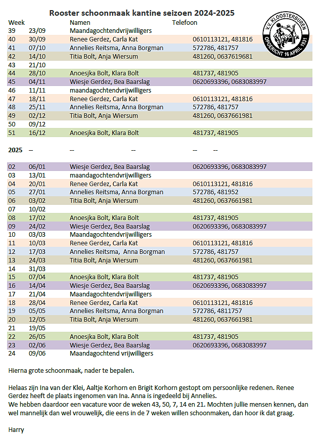 ROOSTER SCHOONMAAK KANTINE 2024-2025