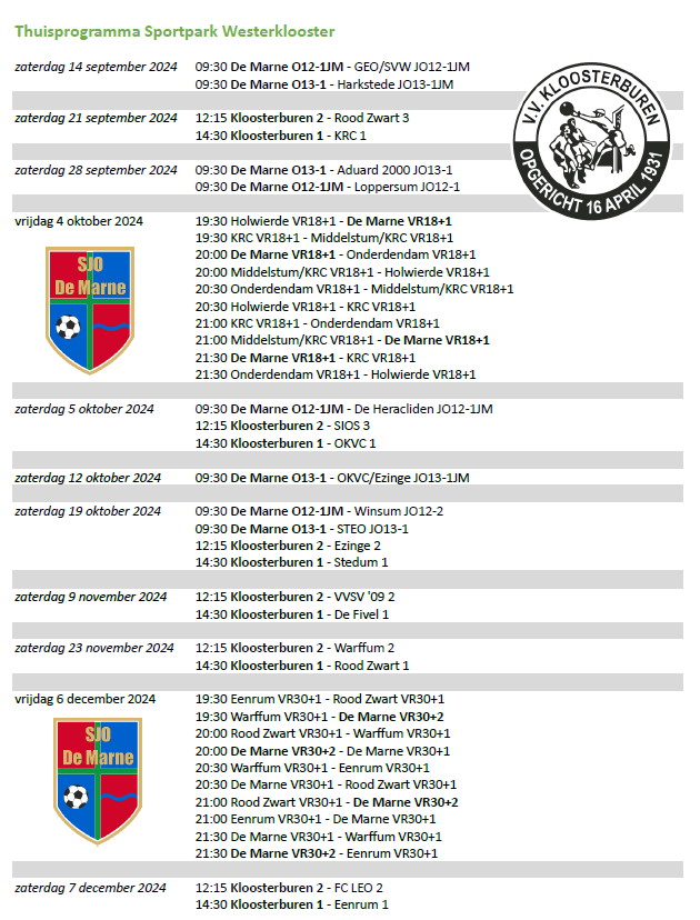 Thuisprogramma Sportpark Westerklooster